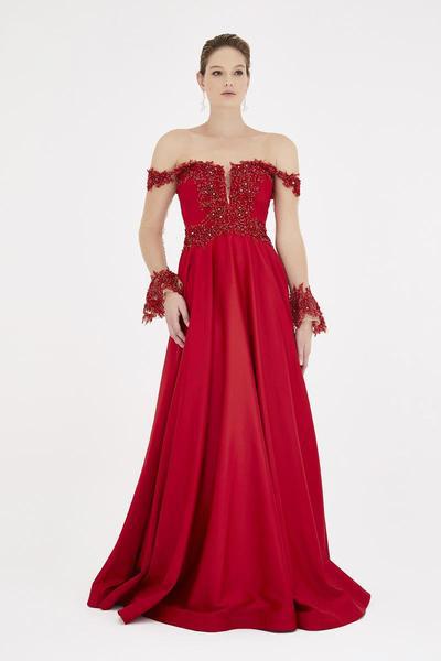 Saboroma - 4383 Bead Embellished A-Line Gown In Red