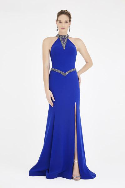 Saboroma - 4385 Embellished Halter Trumpet Dress In Blue