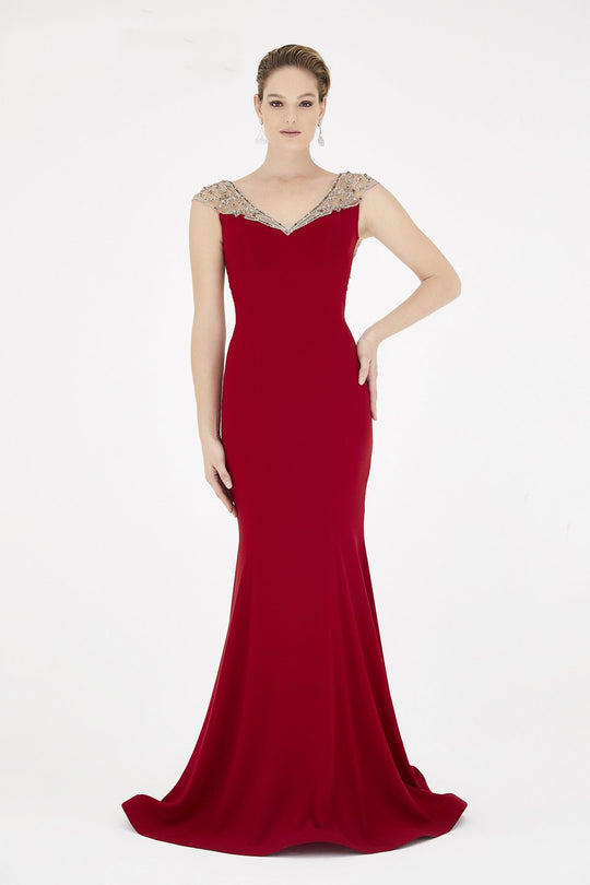 Saboroma - 4386 Embellished Sheer Cutout Back Mermaid Gown In Red
