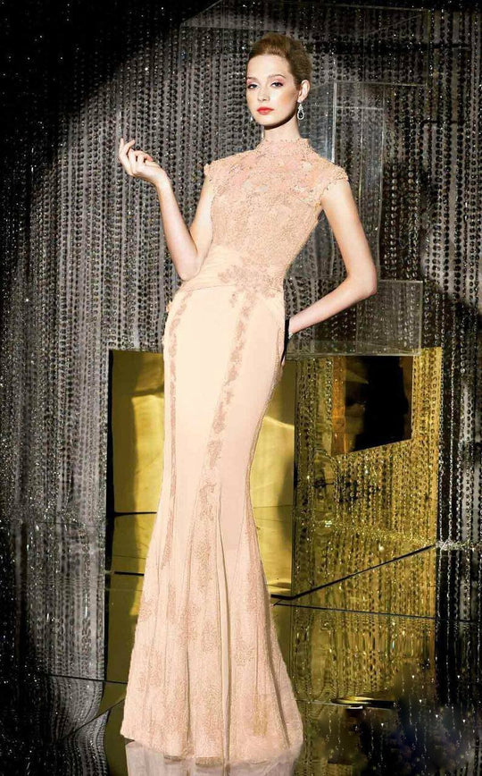 Alyce Paris - Lace High Neck Trumpet Gown in Neutral