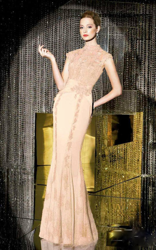 Alyce Paris - Elegant Illusion Trumpet Long Evening Gown with Lace Applique and Sheer Panels 29662  In Neutral