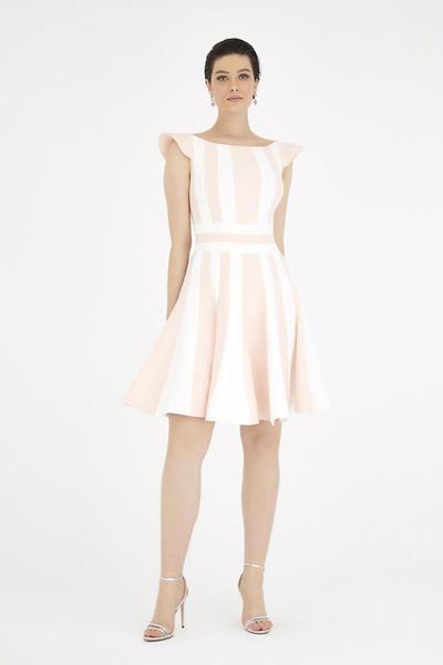 Saboroma - 4389 Stripes Bateau A-Line Dress In White and Pink