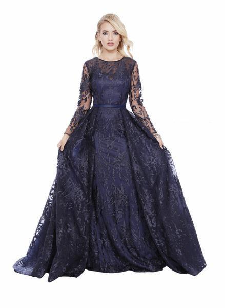 Shail K - 43916 Illusion Jewel Long Sleeve Overskirt Lace Gown