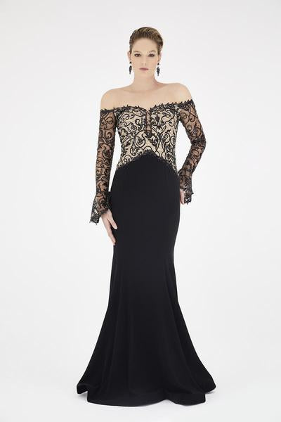 Saboroma - 4399 Lace Long Sleeve Off-Shoulder Trumpet Dress In Black