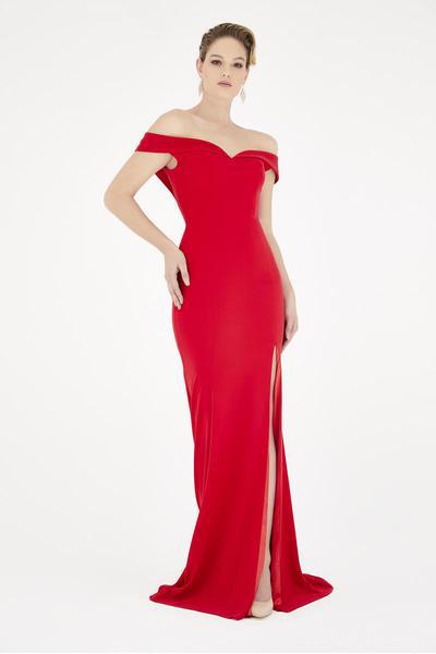 Saboroma - 4402 Off-Shoulder Mermaid Gown with Slit In Red