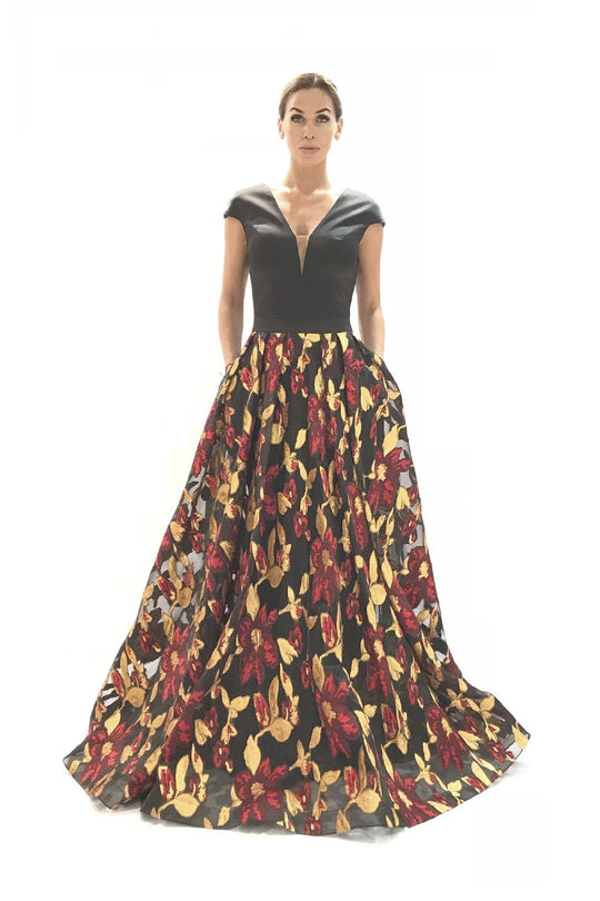 Saboroma - 4405 Floral Printed Deep V-neck A-line Dress In Black and Multi-Color