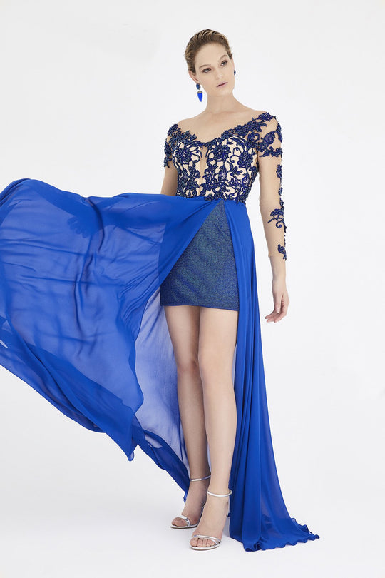Saboroma - 4408 Embellished Nude Illusion Bodice Gown with Overskirt In Blue