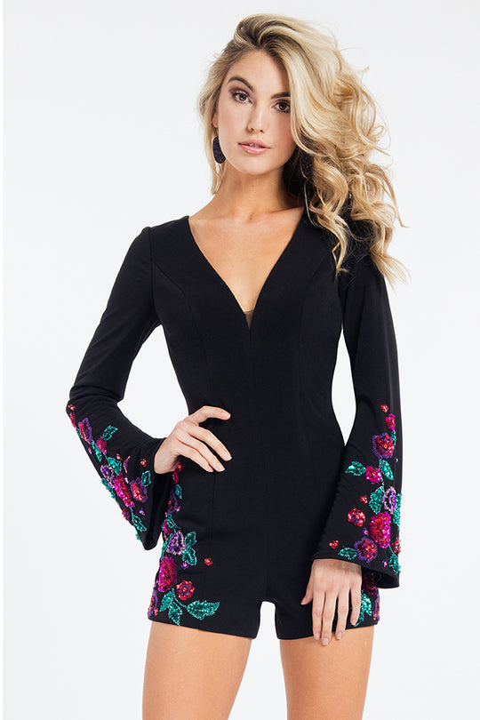Rachel Allan Short - 4408 Floral Beaded Bell Sleeve Romper in Black