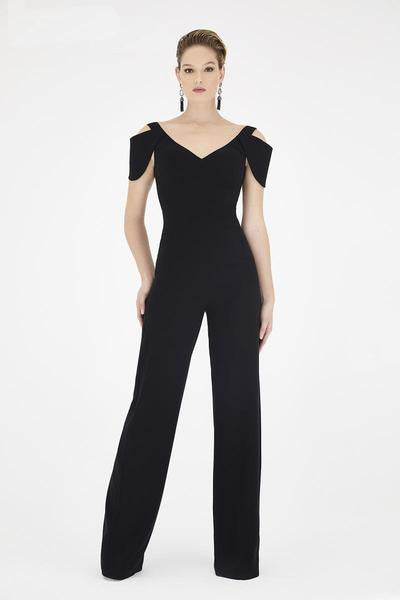 Saboroma - 4411 Draped Sleeve Cold Shoulder Jumpsuit In Black