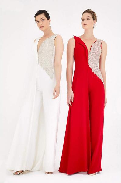 Saboroma - 4413 Contrast Beaded Flared Jumpsuit In Red and White