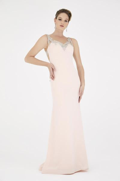 Saboroma - 4414 Appliqued V-Neck Evening Dress In Pink