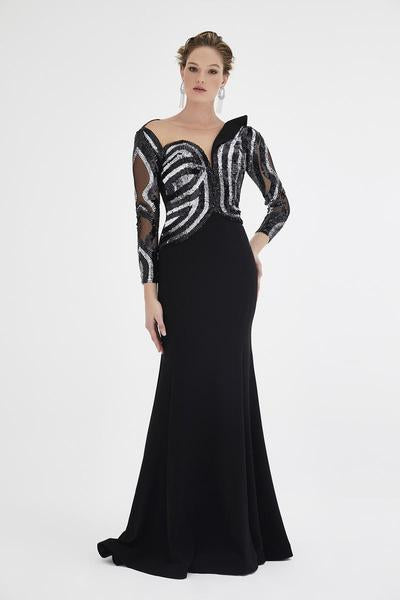 Saboroma - 4417 Sequined Long Sleeves Mermaid Gown In Black