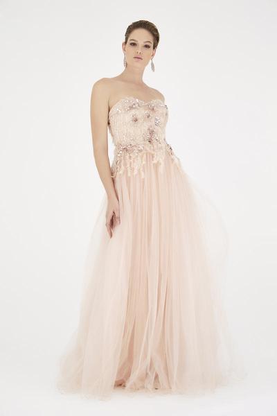 Saboroma - 4421 Floral Appliqued Strapless A-Line Dress In Pink