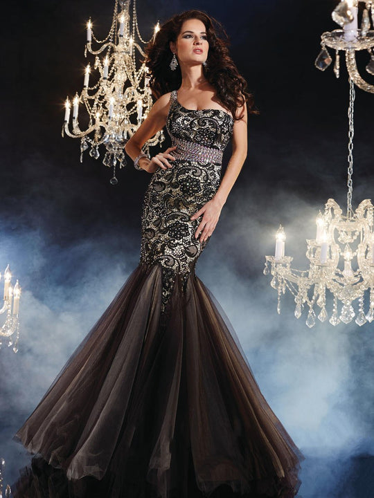 Panoply - Rhinestone Embellished One Shoulder Lace Evening Gown 44236 In Black and Neutral