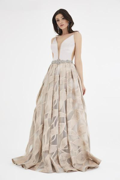 Saboroma - 4424 Embellished Deep V-neck Pleated A-line Dress In Pink