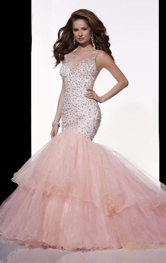 Panoply - 44257 Beaded Illusion Bateau Tulle Mermaid Dress In Neutral and Pink
