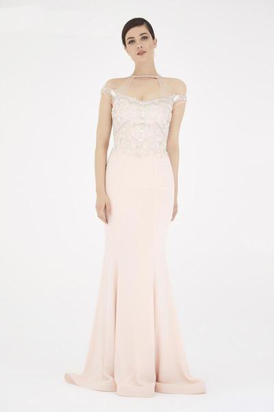 Saboroma - 4426 Illusion Halter Cutout Mermaid Gown In Neutral and Pink