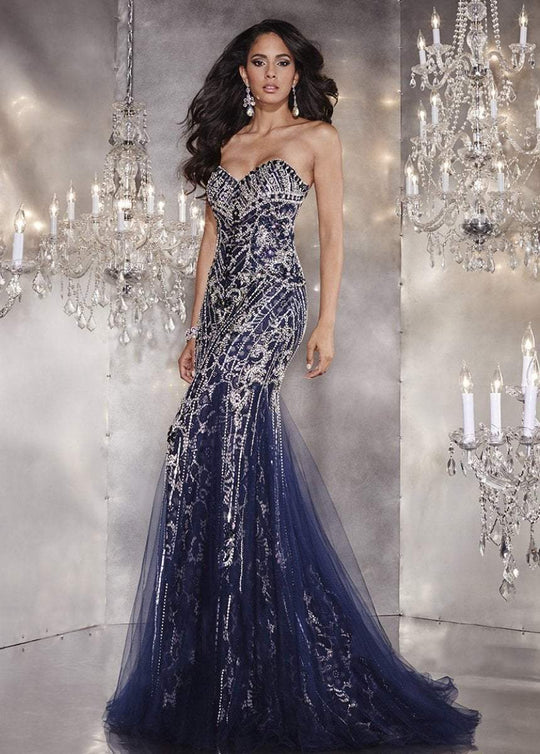 Panoply - Florid Crystal Crusted Sweetheart Chiffon Trumpet Gown 44277 in Blue
