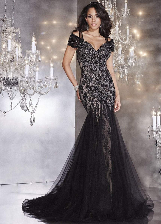 Panoply - Elaborately Embellished Tulle Sweetheart Trumpet Gown 44281 in Black and Neutral