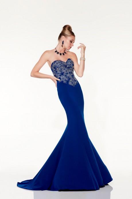 Panoply - Strapless Rhinestone Embellished with Cape Trumpet Dress 44295 In Blue and Silver