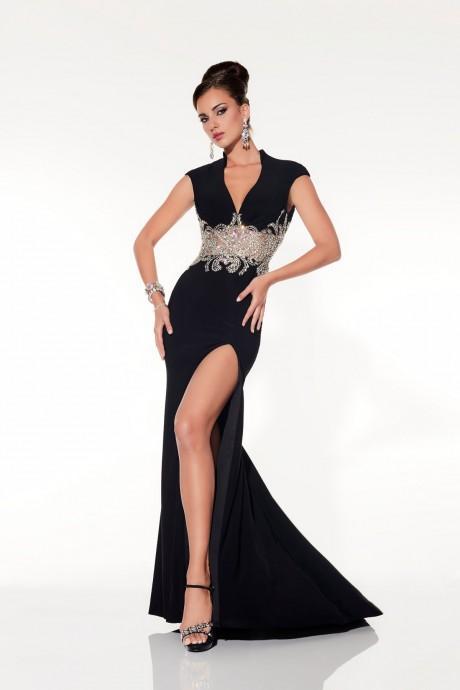Panoply - Chic Crystal Lace V-Neck Trumpet Gown 44298 In Black