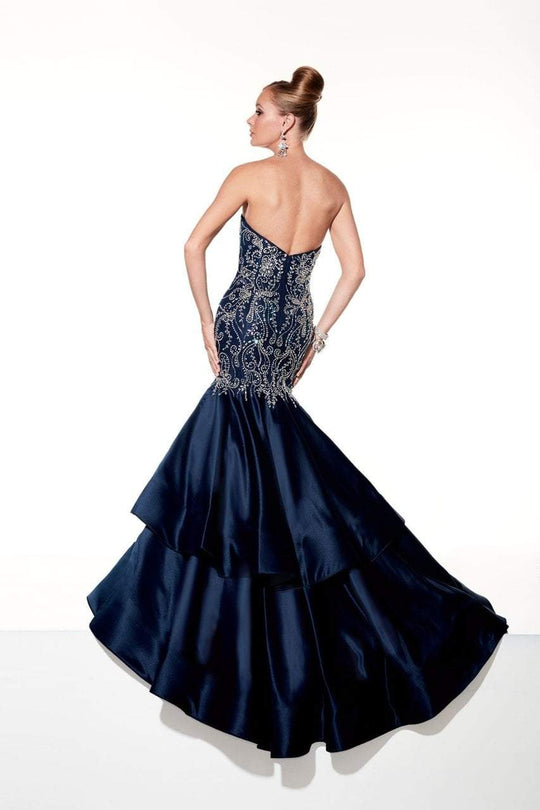 Panoply - Strapless Sweetheart Embellished Satin Mermaid Gown 44299 In Blue