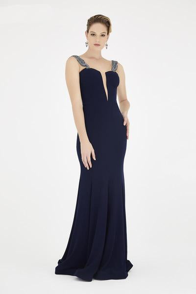 Saboroma - 4429 Plunging Bodice Bead-Trimmed Trumpet Gown In Blue