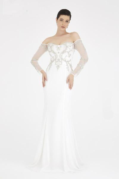 Saboroma - 4432 Beaded Illusion Long Sleeve Off Shoulder Gown In White