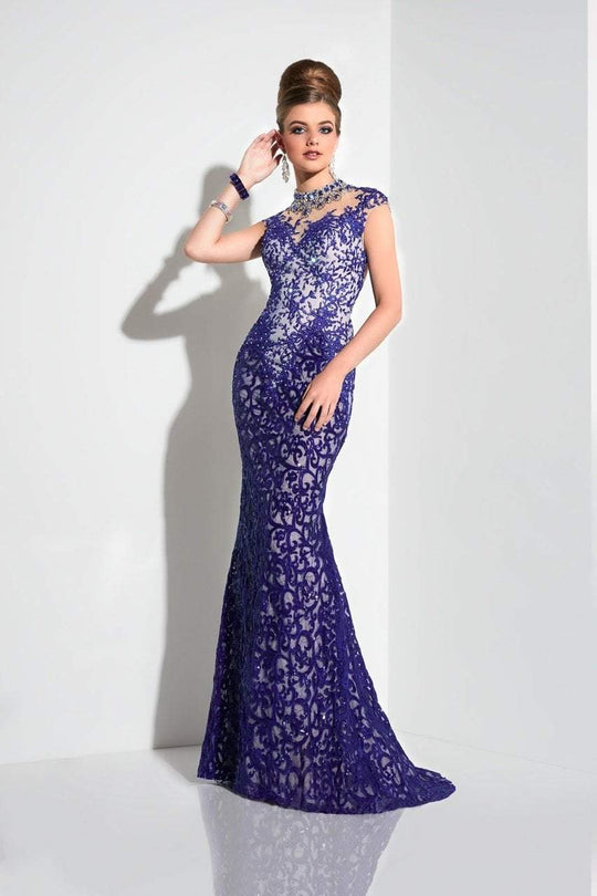 Panoply - Delicate Bejeweled High Illusion Lace Trumpet Gown 44301 In Black and Neutral