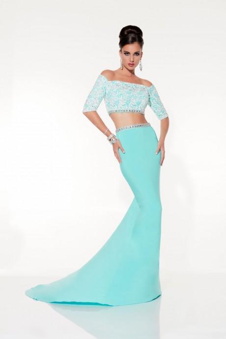 Panoply - Iridescent and Laced Two-Piece Off The Shoulder Jersey Trumpet Dress 44304 In Black and White