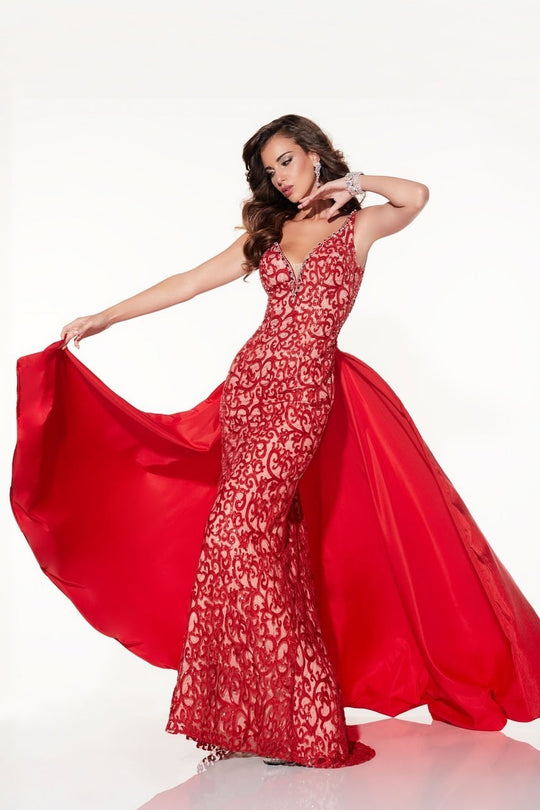 Panoply - Embroidered V-Neck Taffeta Trumpet Dress 44305 In Red and Neutral