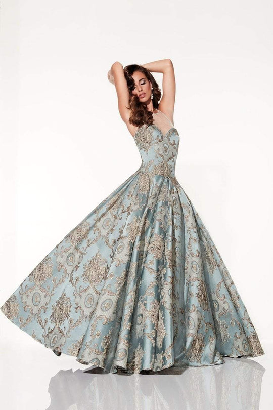 Panoply - Illusion Haltered Neck Brocade A-line Dress 44307 In Blue