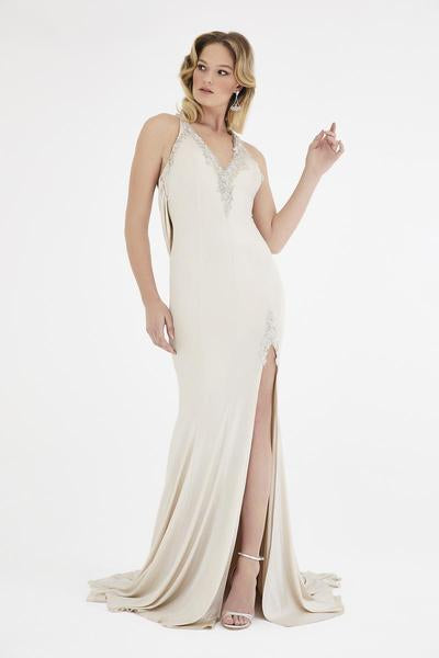Saboroma - 4430 Embellished V-neck Trumpet Dress With Train In Neutral