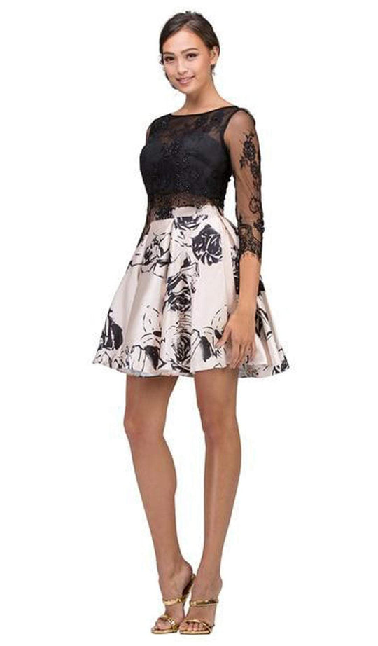 Eureka Fashion - 4433 Two Piece Lace and Printed A-line Dress in Neutral and Black