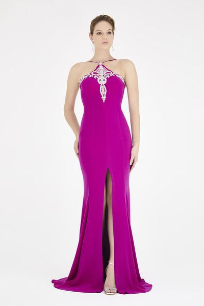 Saboroma - 4436 Embroidered Halter Mermaid Dress In Pink