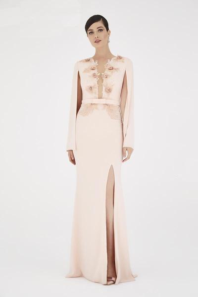 Saboroma - 4439 Long Cape Sleeve Floral Appliques Illusion Gown In Neutral and Pink