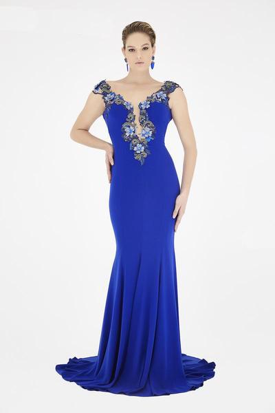 Saboroma - 4440 Cap Sleeve Floral Embroidered Sheath Gown In Blue