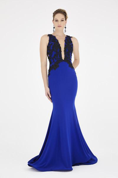 Saboroma - 4443 Applique Plunging V-lined Mermaid Dress In Blue