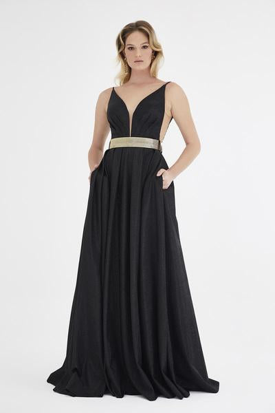 Saboroma - 4445 Deep V-neck Embellished A-line Dress In Black