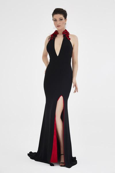 Saboroma - 4465 Floral Applique Deep Halter V-neck Dress In Black