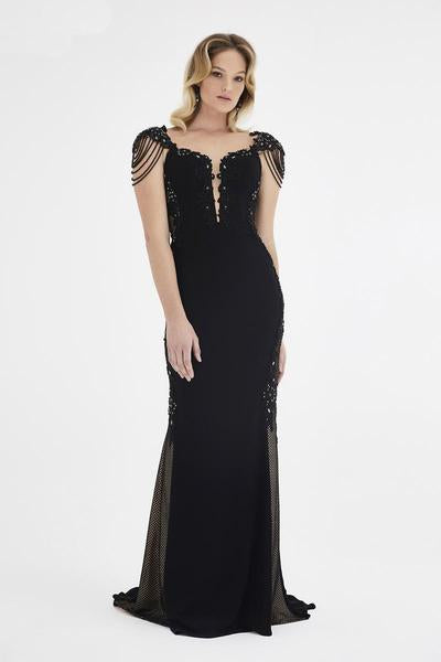 Saboroma - 4446 Bead Garlanded Cap Sleeve Applique Gown In Black