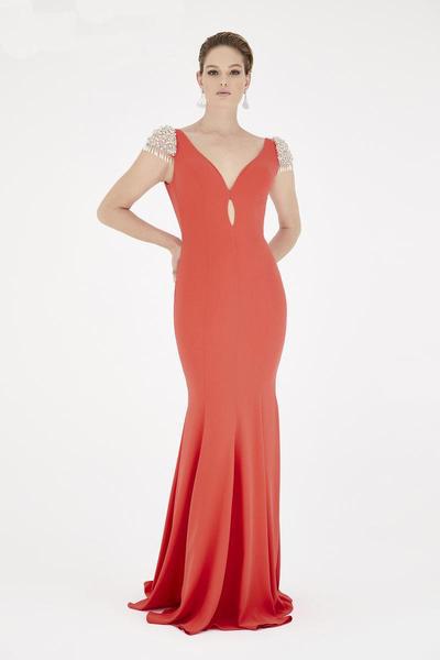 Saboroma - 4448 Beaded Cap Sleeve Cutout Accented Gown In Pink and Orange