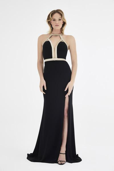 Saboroma - 4449 Halter Sheath Dress with Slit In Black