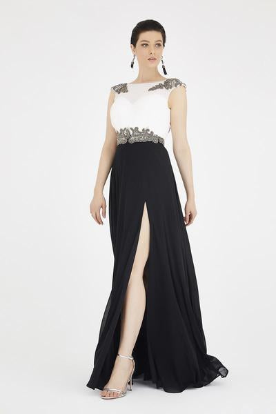Saboroma - 4450 Embellished Bateau A-line Gown In White and Black