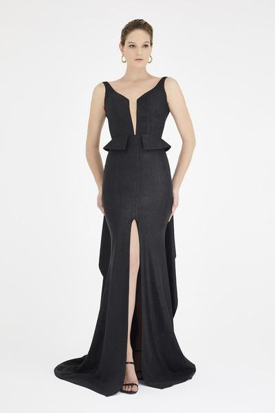 Saboroma - 4451 Deep V-neck Peplum Trumpet Dress In Black