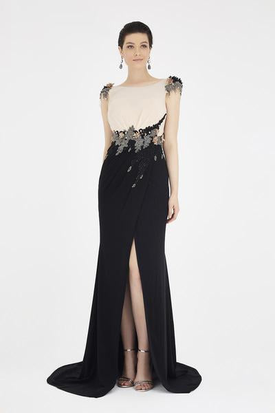 Saboroma - 4452 Embellished Two Tone Bateau Trumpet Dress In Neutral and Black
