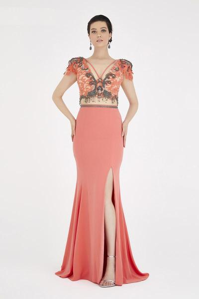 Saboroma - 4453 Two-Piece Beaded Cap Sleeve High Slit Gown In Pink and Orange
