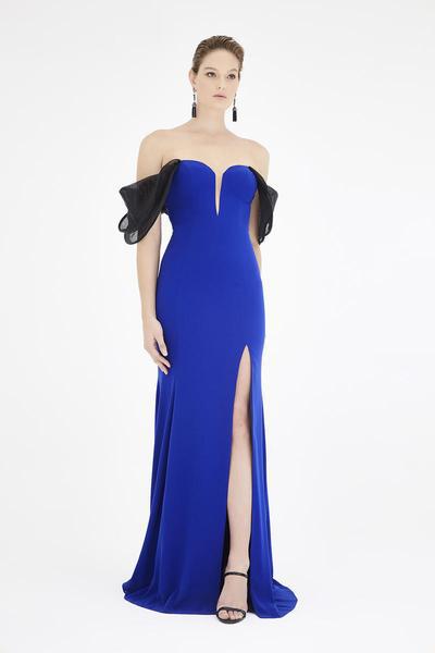 Saboroma - 4454 Off-Shoulder Sheath Dress with Slit In Blue