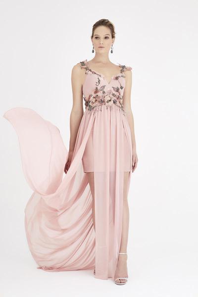 Saboroma - 4459 Floral Applique Plunging V-neck Dress In Pink