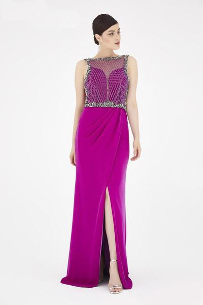 Saboroma - 4467 Lattice Illusion Bateau Draped Slit Gown In Pink